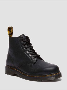 Ambassador unisex Dr. Martens Black Leather 6-Eye Boots with Yellow Stitching